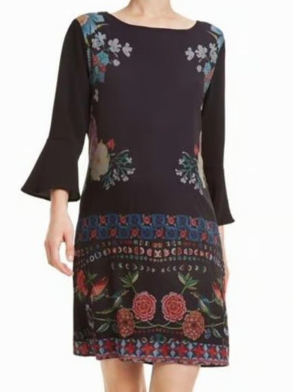 Desigual Black Floral Print Shift Dress Boho Tunic Bell Sleeve Size 36 US Small